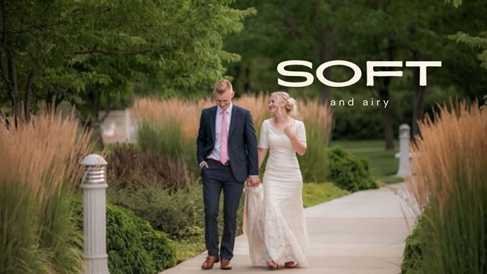 A title card for Soft and Airy Lightroom and Photoshop editing tools.  A soft, romantic image of a bridal couple with the words Soft and Airy in white on the image.