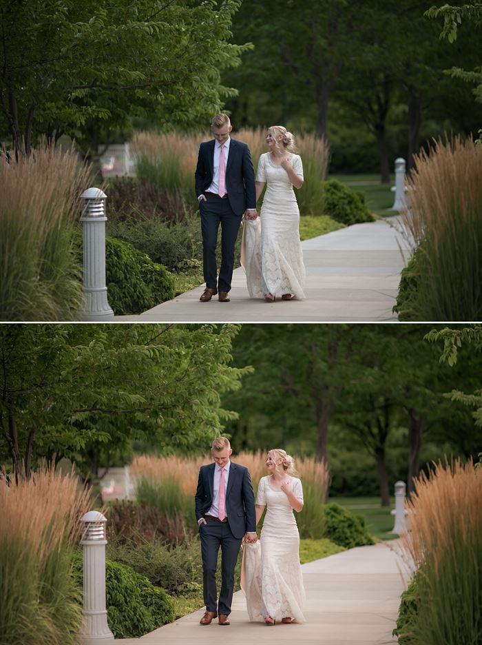 A before and after of a bridal couple edited with Photoshop or Lightroom tools demonstrating the soft, warm edit.