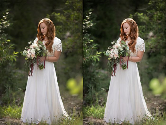 A before and after of a bride holding a bouquet in a forest setting demonstrating the Soft and Airy Lightroom preset edit.