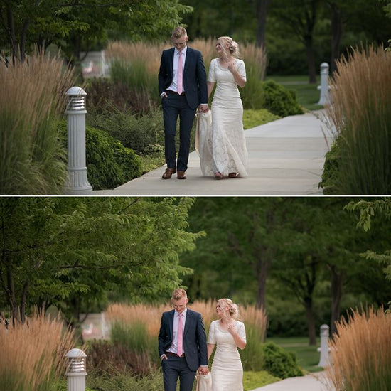 a bride and groom walking along a garden path laughing. A before and after showcasing the Pure Soft and Airy Lightoom Preset set.  