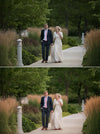 a bride and groom walking along a garden path laughing. A before and after showcasing the Pure Soft and Airy Lightoom Preset set.  