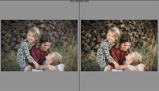 A before and after of a mother and two children in front of a large wall of stacked wood demonstrating the effects of the Pure Soft and Airy Lightroom Preset set.