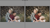 A before and after of a mother and two children in front of a large wall of stacked wood demonstrating the effects of the Pure Soft and Airy Lightroom Preset set.