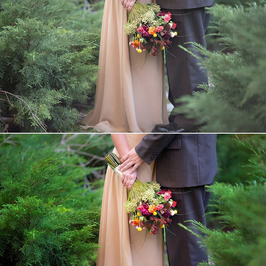 Details of a couple holding a bouquet in a stand of trees.  The after image has much more pop and contrast and color glows compared to the before action.  Edited with Pure Summer Photoshop Actions and Lightroom Presets.
