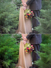 Details of a couple holding a bouquet in a stand of trees.  The after image has much more pop and contrast and color glows compared to the before action.  Edited with Pure Summer Photoshop Actions and Lightroom Presets.