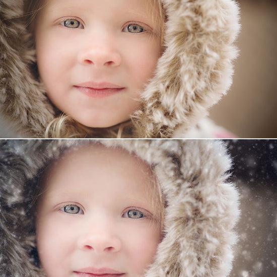 A before and after image of Pure Winter Wonderland Photoshop Actions.  The second image gives a slightly cooler wintery tone with realistic snow flakes added to the image.