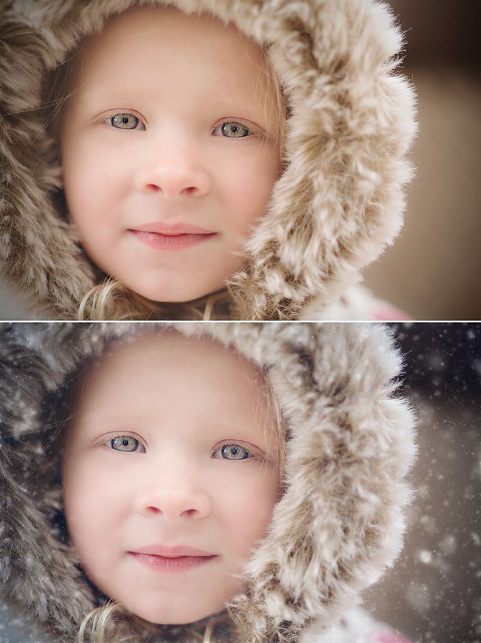 A before and after image of Pure Winter Wonderland Photoshop Actions.  The second image gives a slightly cooler wintery tone with realistic snow flakes added to the image.